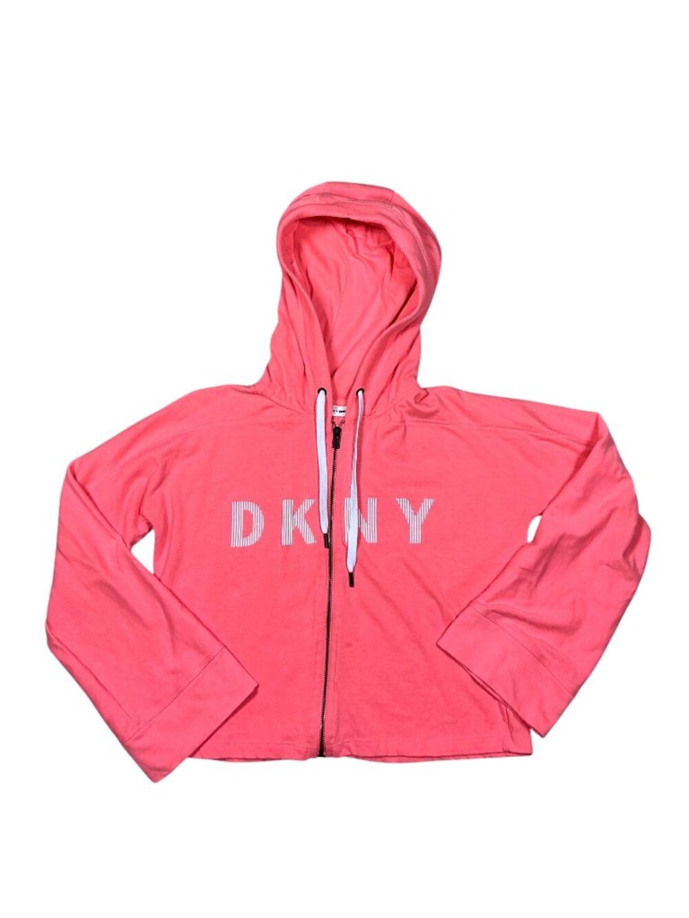 DKNY Women’s Coral Pink Cropped Zip-Up Hoodie – Wide Flare Sleeves – Size S